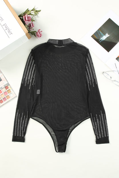 Black Rhinestone Sheer Slim Fit Long Sleeve Bodysuit