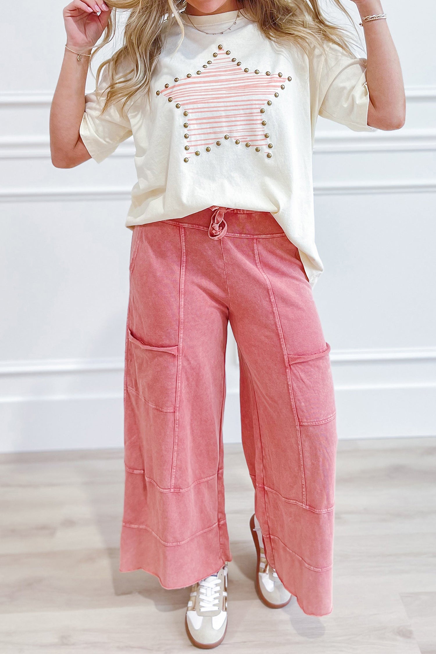 Beige Stardaze Star Print Stud Detail Cotton Jersey Top_y