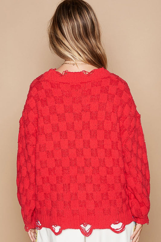 POL Checkered Distressed Edge Sweater