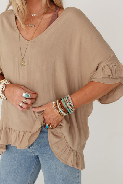 Light Beige Loose Ruffle Trim V Neck Blouse