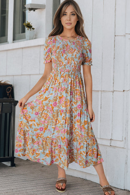 Boho Wide Sleeve Smocked Waist Floral Dress