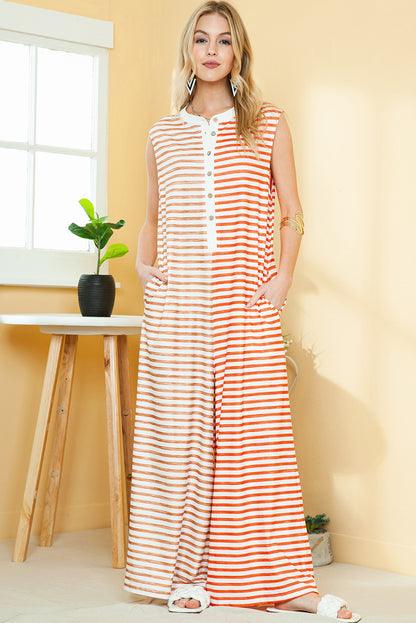 Orange Striped Pocketed Baggy Wide Leg Jumpsuit