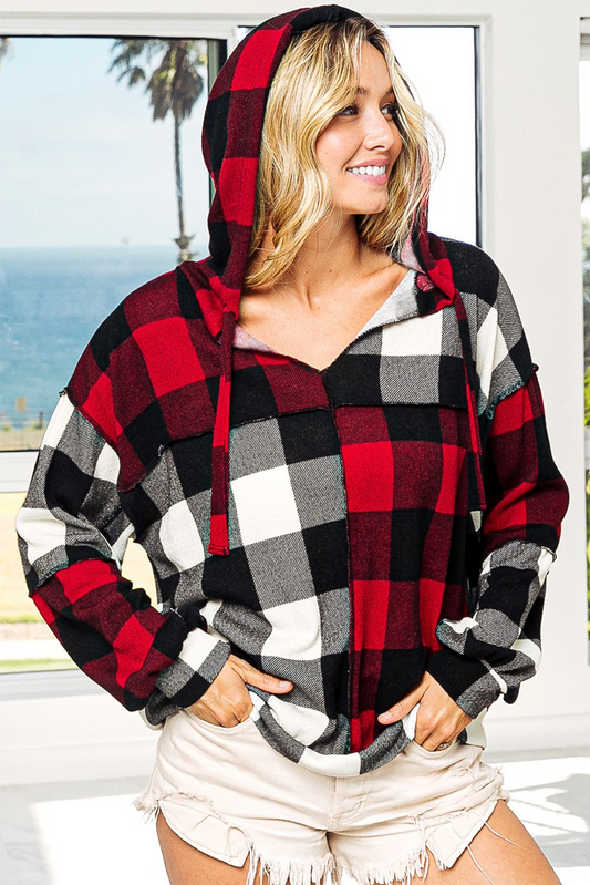 Multicolor Patchwork Buffalo Plaid Hooded Top