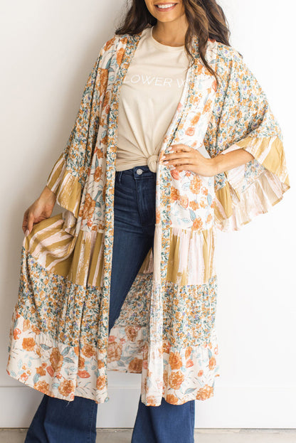 Multicolor Wide Sleeve Mixed Floral Print Long Kimono