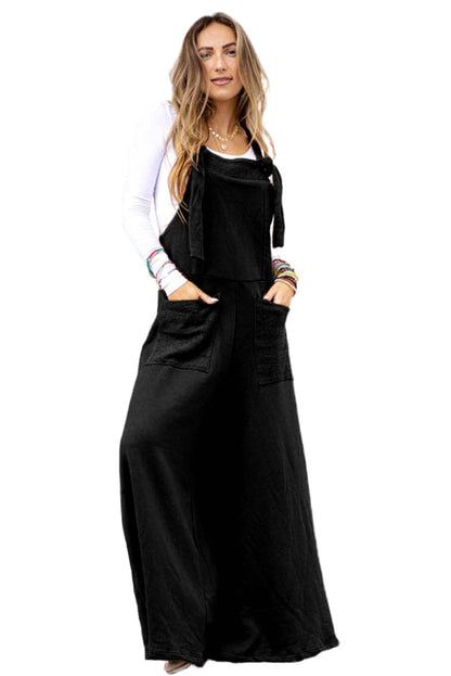 Brown Patch Pocket Knot Strap Wide Leg Overall