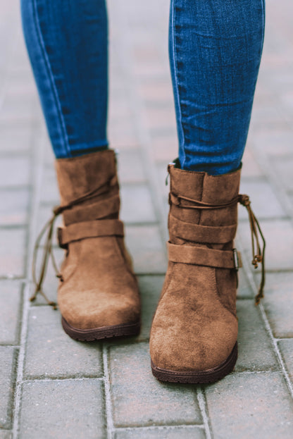 Black Faux Suede Zip Up Buckle Straps Ankle Boots