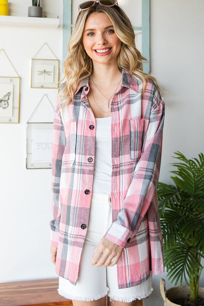 Pink Long Sleeve Collared Button Up Flannel Shirt