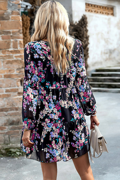 Black Boho Floral Long Sleeve Tiered Mini Dress