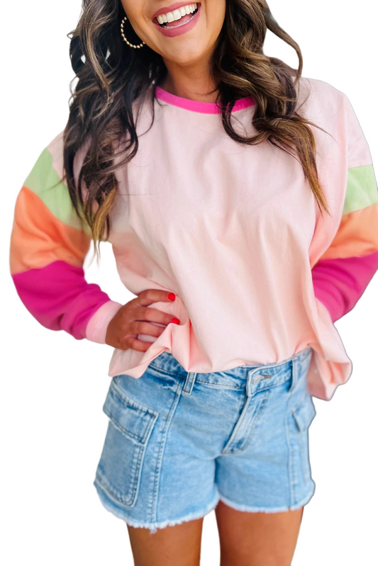 Rose Red Color Block Sleeve Loose Fit Top