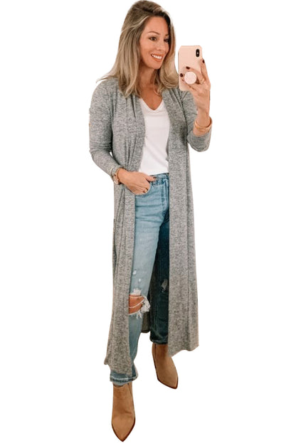 Gray Casual Tie Back Open Front Long Cardigan