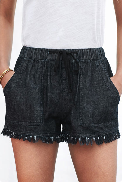 Dark Blue Casual  Frayed Pocketed Denim Shorts