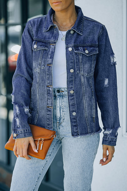 Red Distressed Raw Hem Pocket Buttons Denim Jacket