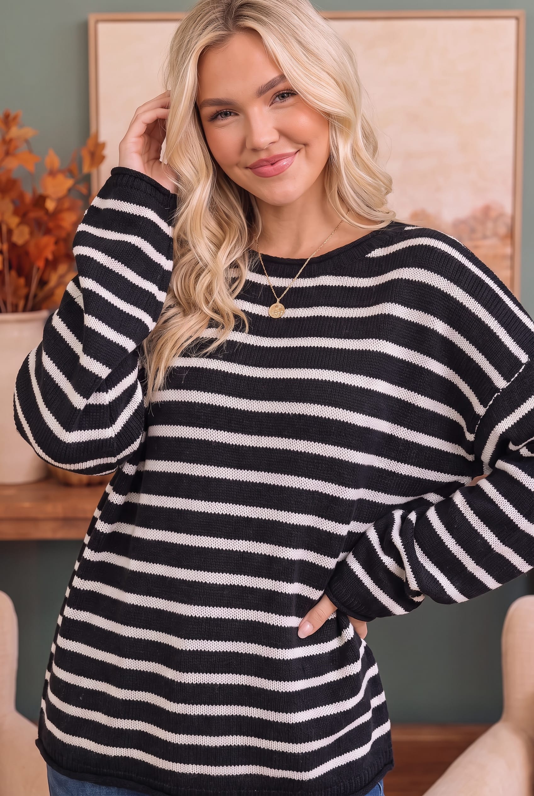 Everyday Me Stripe Knit Pullover in Black
