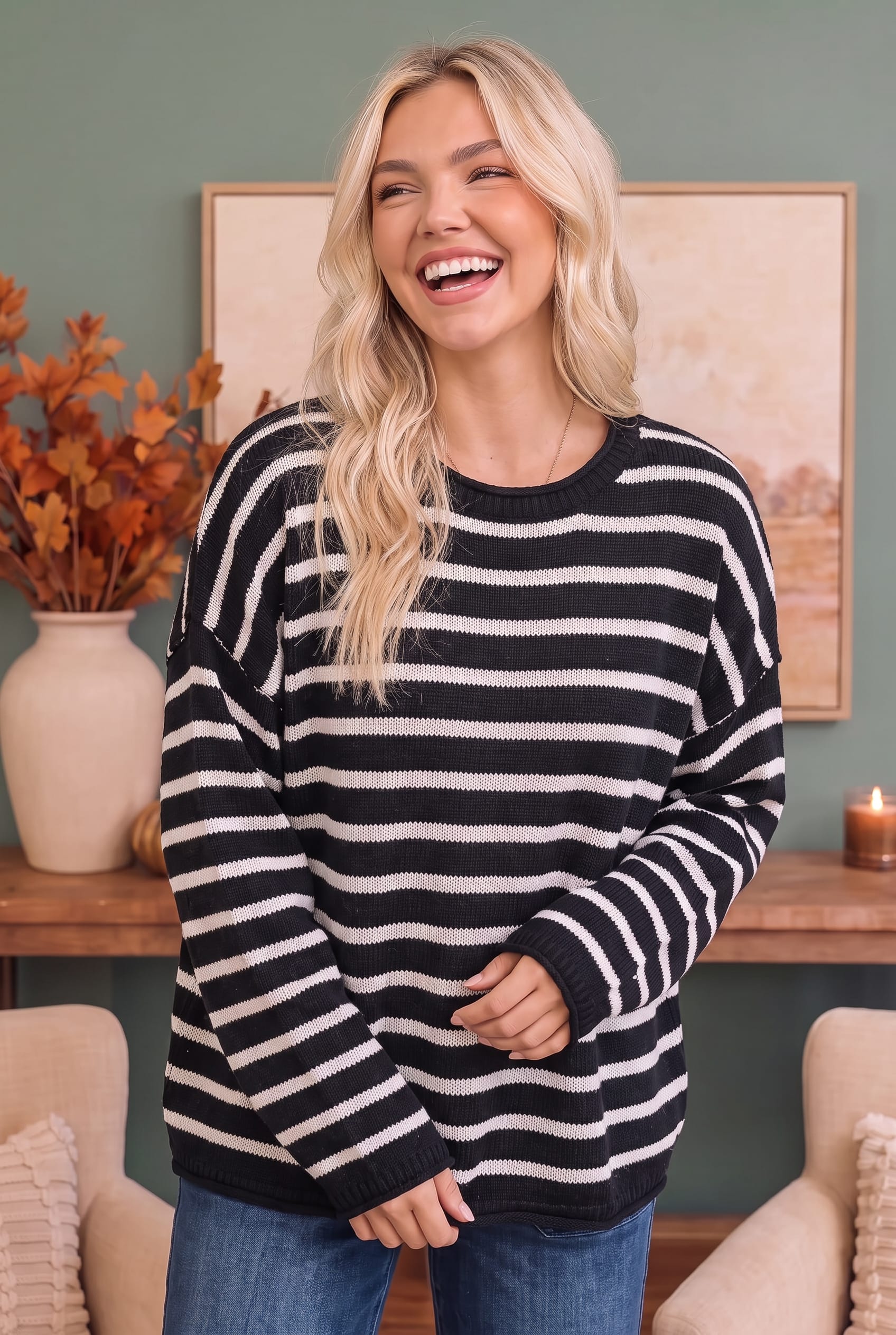 Everyday Me Stripe Knit Pullover in Black