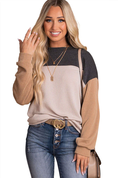 Black Color Block Corduroy Long Sleeve Top