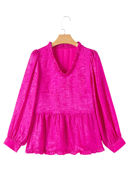 Gold Metallic Velvet Frill V Neck Puff Sleeve Babydoll Blouse