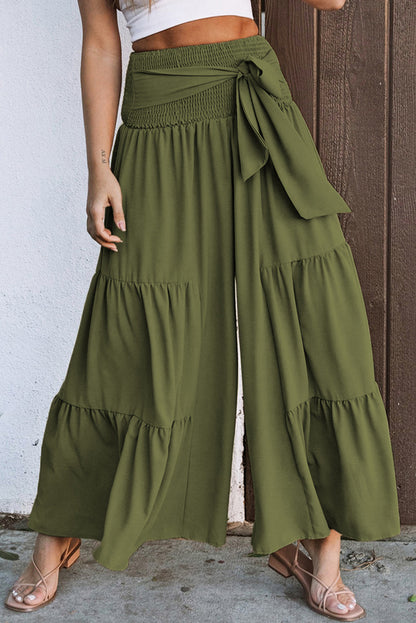 Khaki Lace Up Smocked Waist Tiered Wide Leg Pants