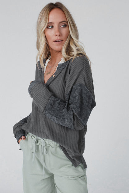 Gray Contrast Patched V Neck Waffle Knit Henley Top