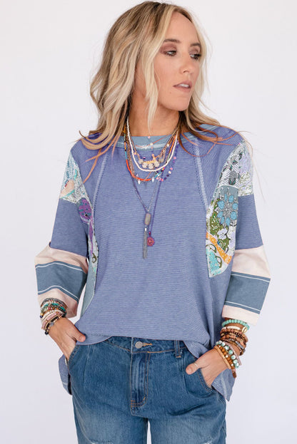 Sky Blue Striped and Floral Patchwork Oversized Top