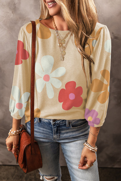 Apricot Flower Print Ruched Bracelet Sleeve Top