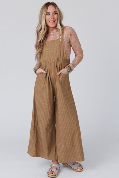 Brown Striped Pleated Pockets Wide Leg Jumpsuit