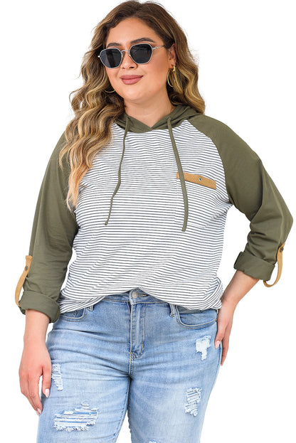 Black Striped Raglan Sleeve Pocket Plus Size Hoodie