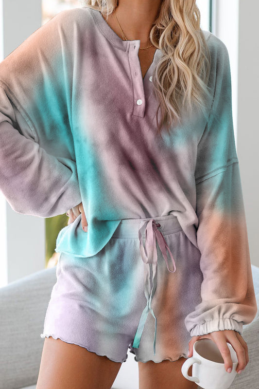 Multicolor Tie Dye Top & Drawstring Shorts Loungewear Set