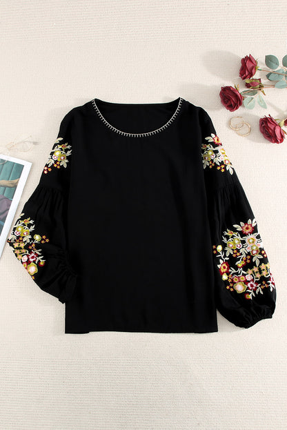 Black Flower Embroidered Jewel Neckline Long Sleeve Shirt