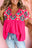 Strawberry Pink Geometric Embroidered Tassel Tie V Neck Blouse