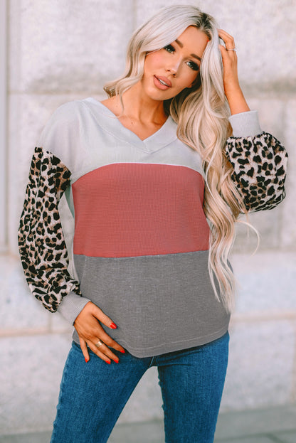 Leopard Print Color Block V Neck Waffle Knit Long Sleeve Top