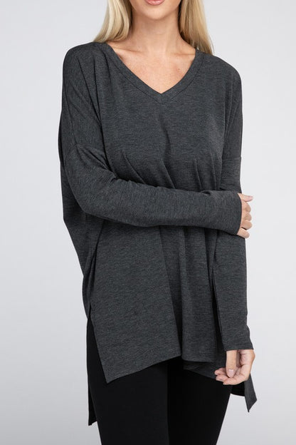 Dolman Long Sleeve V-Neck Side Slit Hi-Low Hem Top