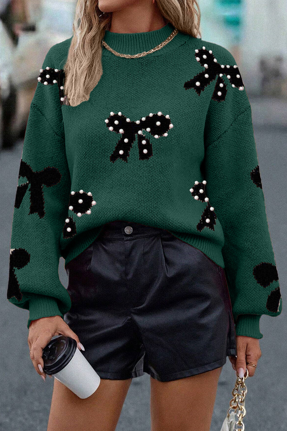 Bright Pink Pearl Embellished Bow Pattern Loose Sweater