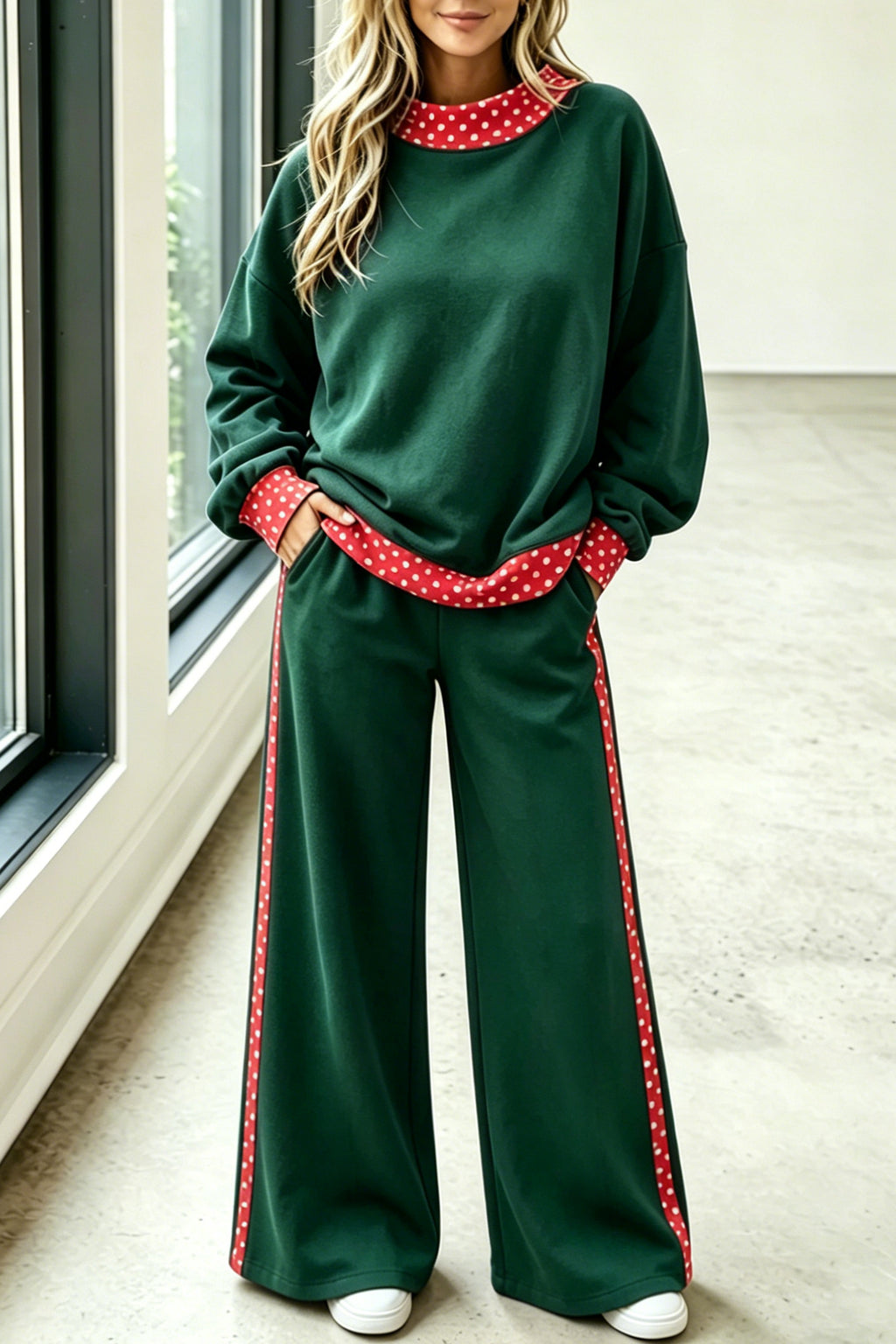Blackish Green Polka Dot Trim Colorblock Loose Two Piece Pants Set