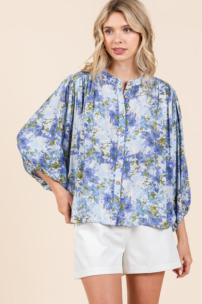 Mittoshop Flower Print Batwing Sleeve Button Down Blouse