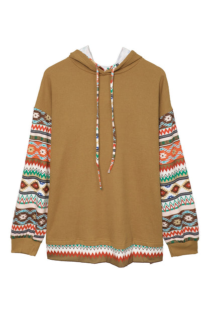 Khaki Texture Aztec Drop Sleeve Waffle Plus Size Hoodie