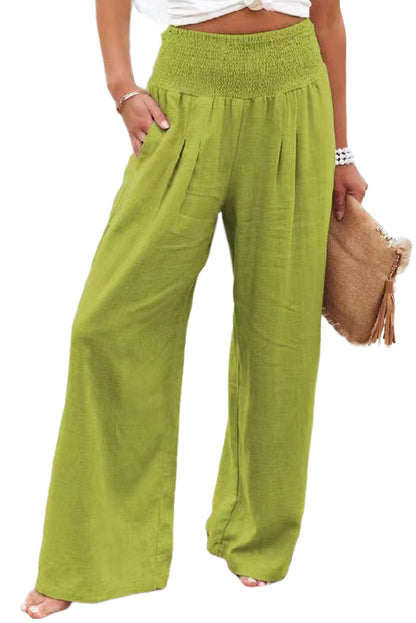 Khaki Smocked Wide Waistband High Waist Wide Leg Pants