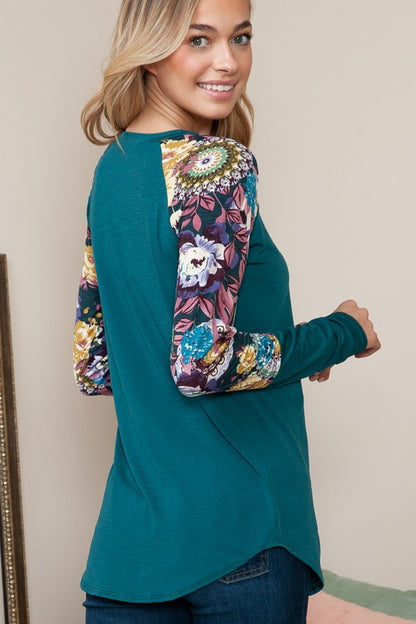 Plus Solid Floral Contrast Long Sleeve Top