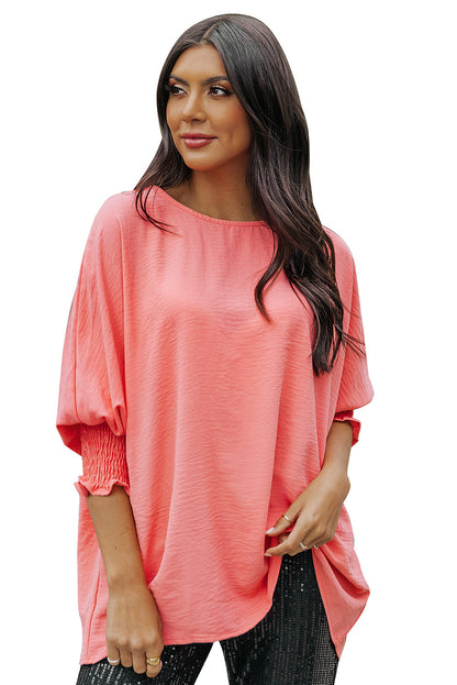 Rosy Solid Casual Smocked Cuffs Top