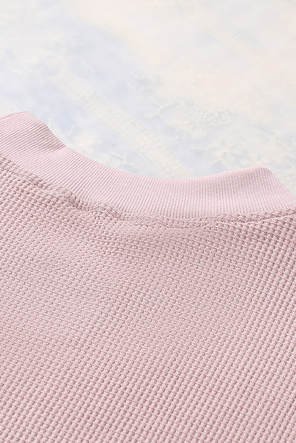 Pink Waffle Knit Crew Neck Casual Long Sleeve Top