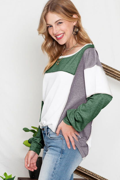 Khaki Color Block Exposed Seam Long Sleeve T Shirt