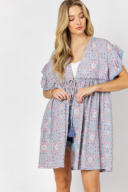 PRINTED SHORT SLEEVE RUFFLE KIMONO