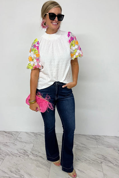 White Smocked Neck Sequin Flower Puff Sleeve Textured Top