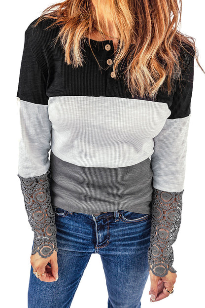 Color Block Ribbed Lace Crochet Sleeves Henley Shirt for Women