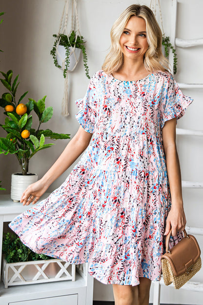 Pink Abstract Print Boho Tiered Ruffled Short Dress