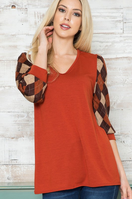 Plus Solid Checker V Neck Top