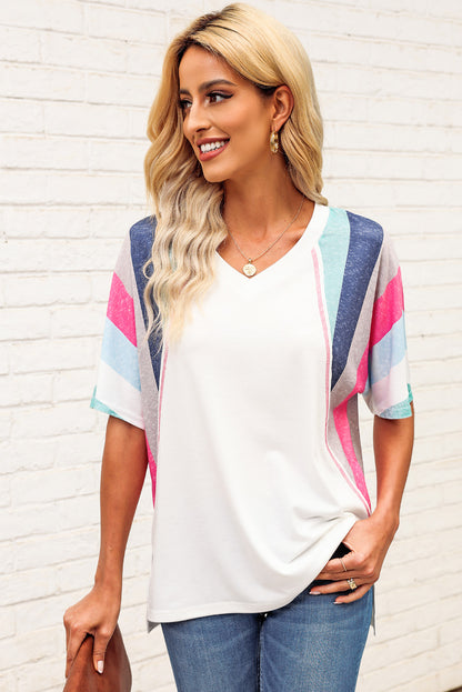 Pink Stripe Patchwork V Neck T Shirt