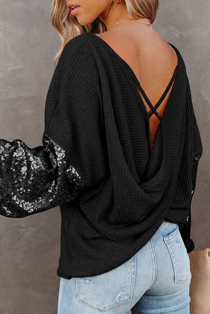 Apricot Cross Backless Sequin Bishop Sleeve Top