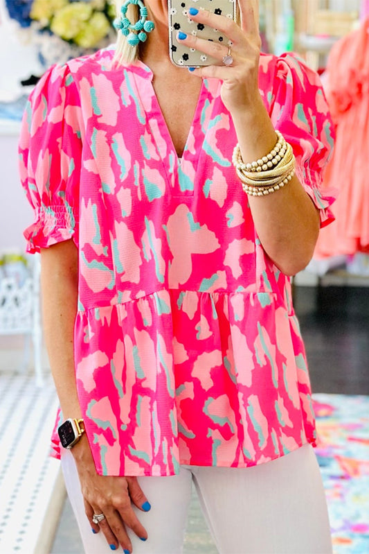 Rose Abstract Print Smocked Puff Sleeve V Neck Peplum Blouse