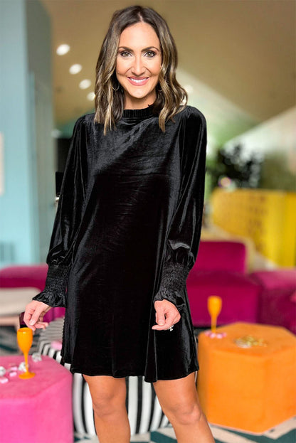 Black Velvet Frill Neck Long Sleeve Shift Dress