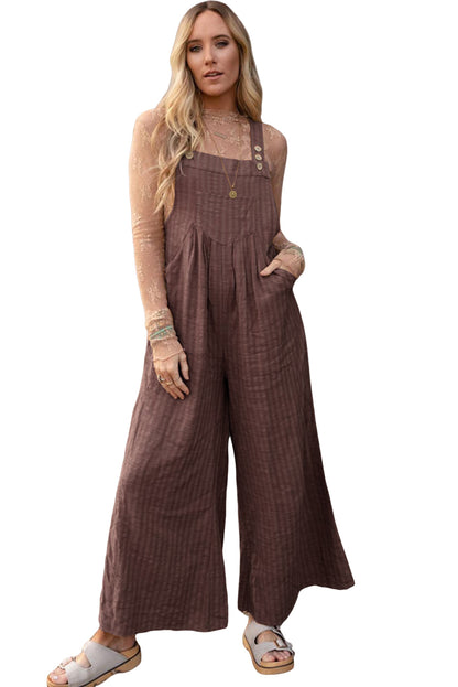 Brown Striped Pleated Pockets Wide Leg Jumpsuit